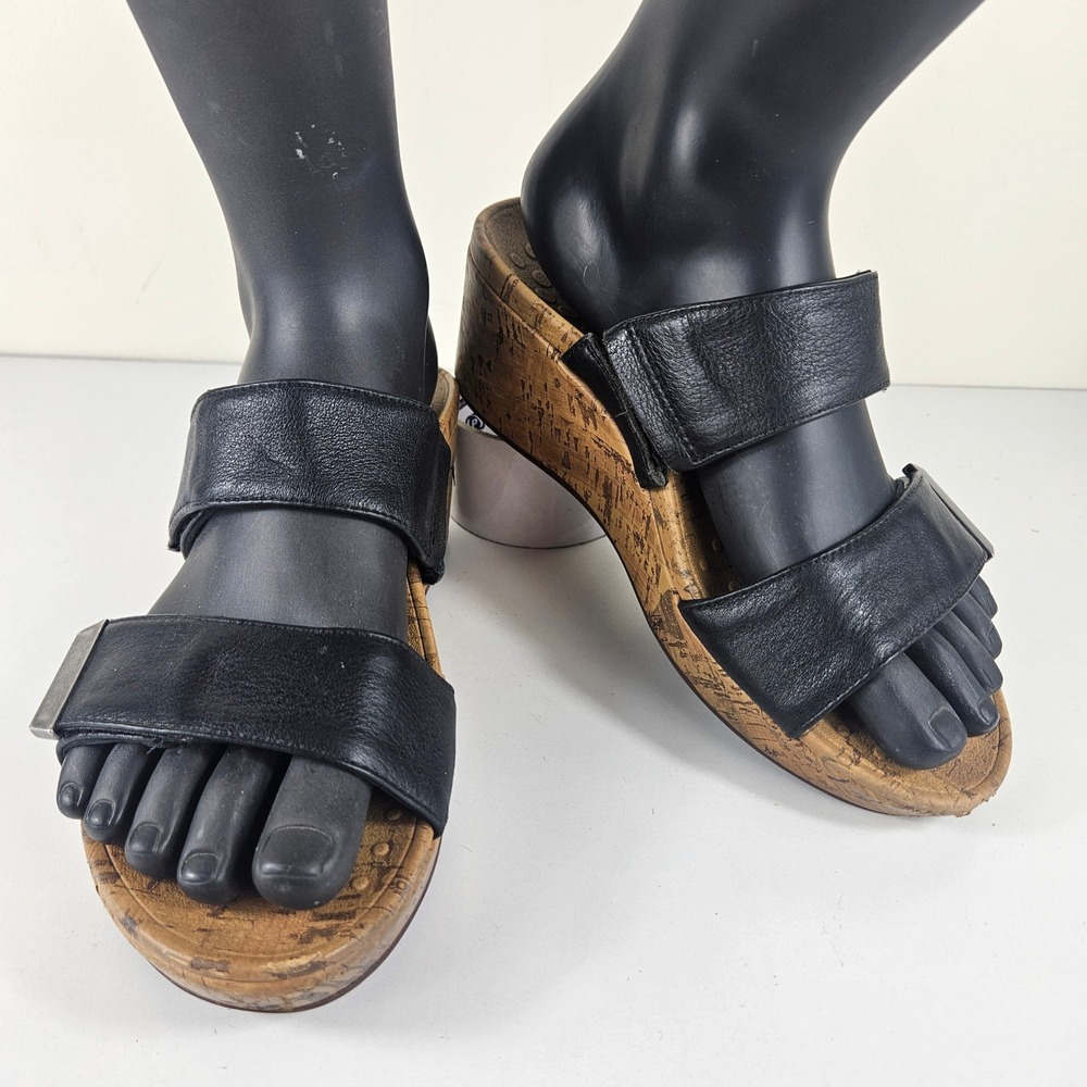 Vionic Pepper Womens 7 Black Leather Cork Wedge Platform Slide Sandals